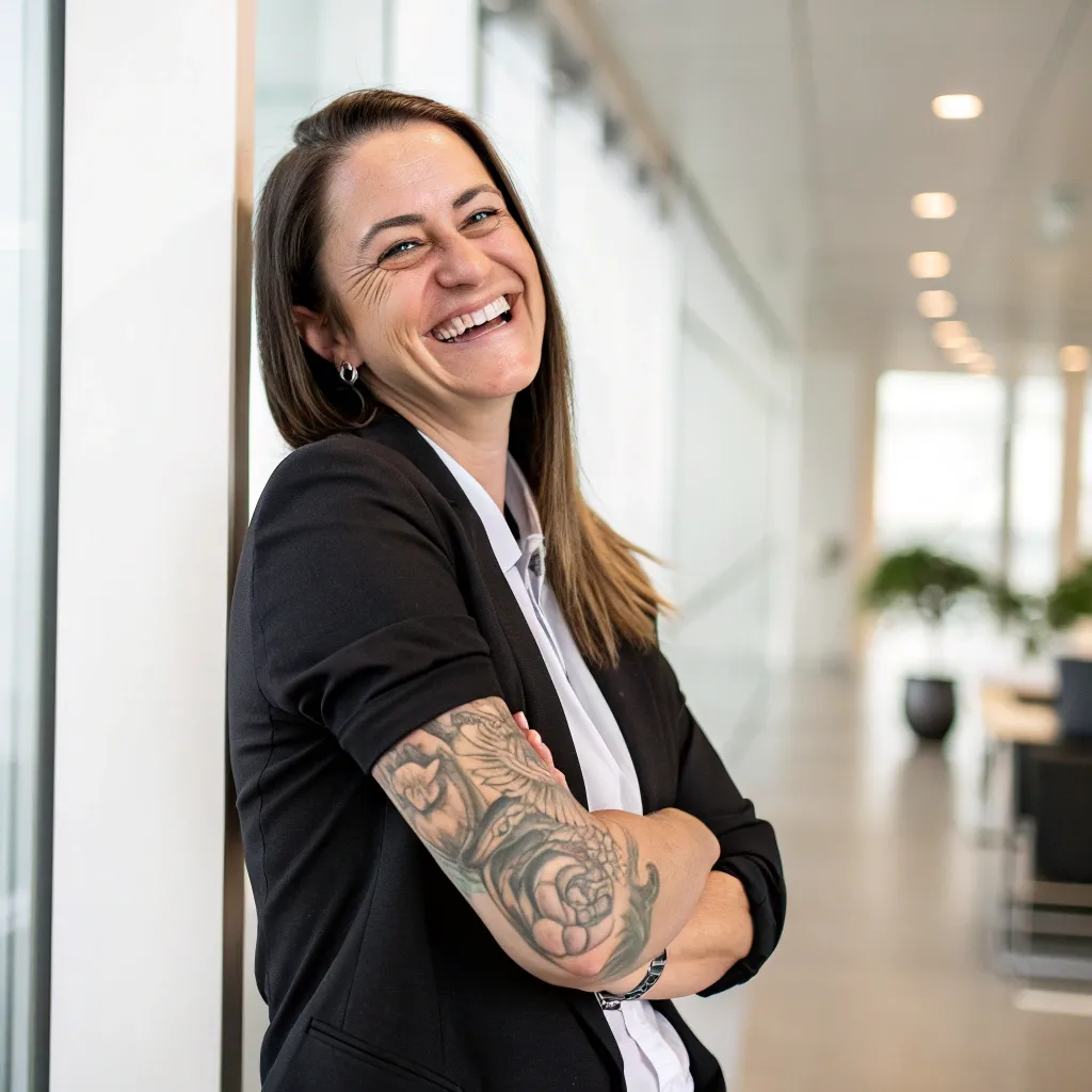 Smiling woman showing her arm tattoo in a professional setting