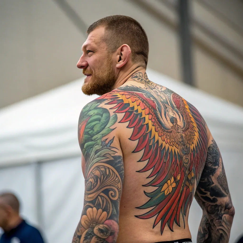 Man proudly displaying his intricate back tattoo