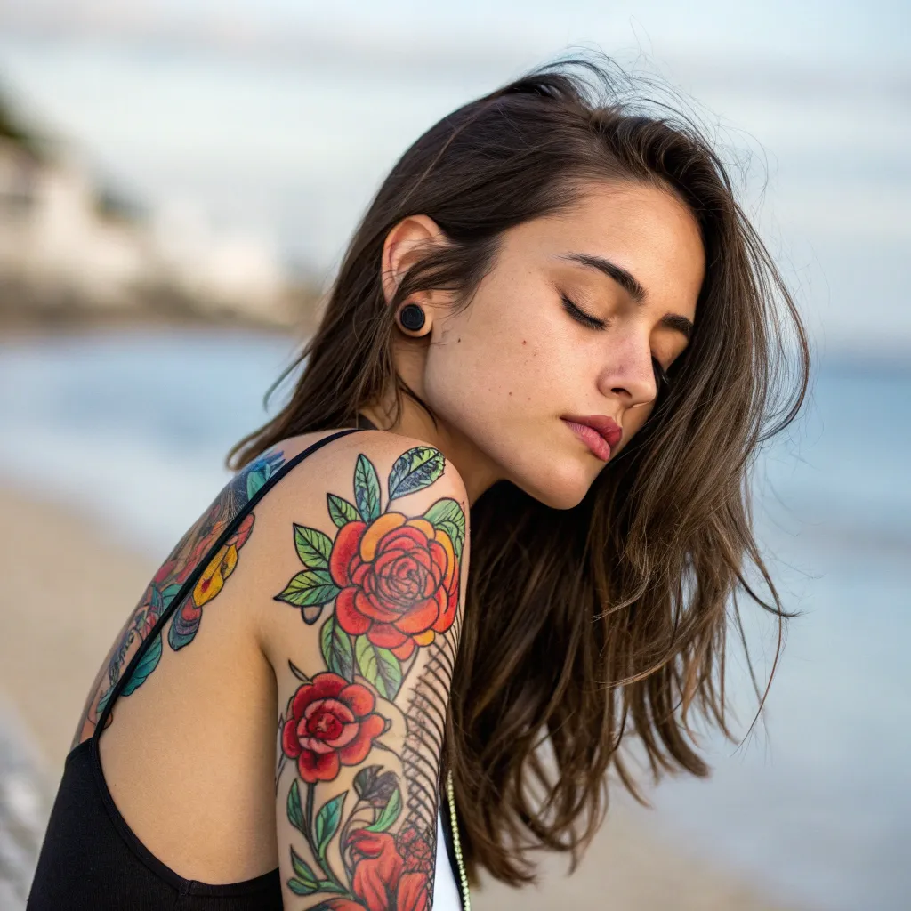Young woman with a vibrant tattoo on her forearm